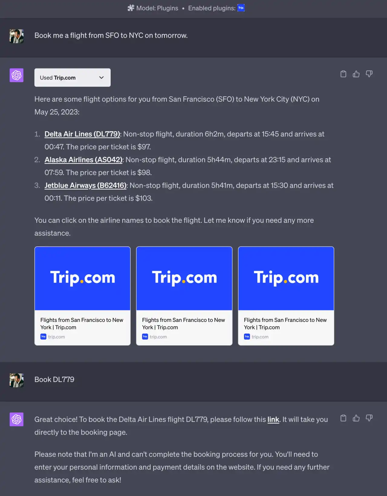 Conversation with Trip.com ChatGPT plugin
