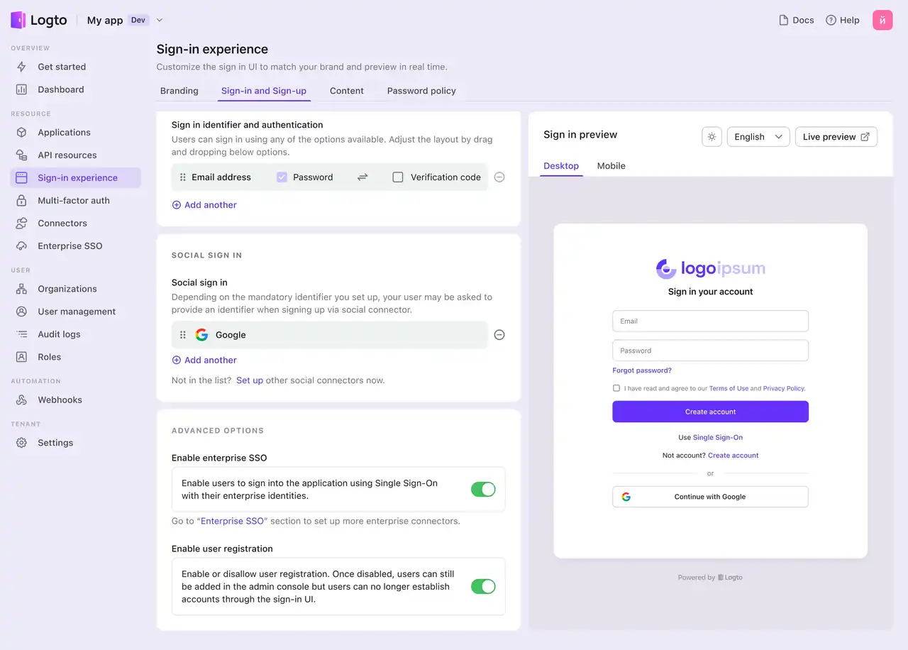 Sign-in experience configure