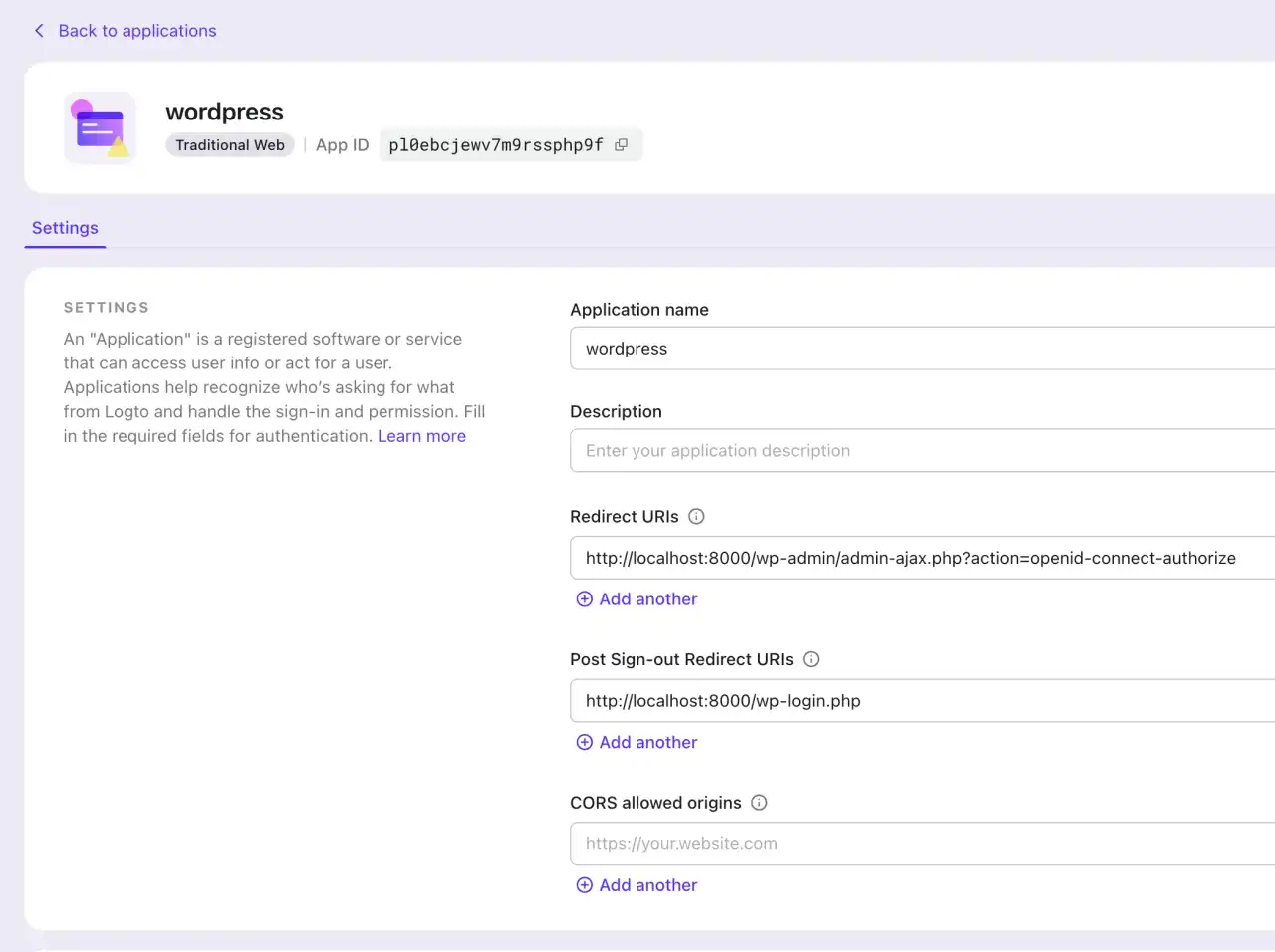Logto Application Settings
