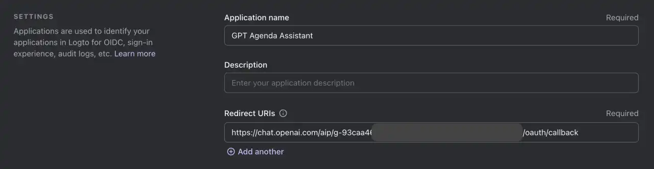 Logto app redirect URIs
