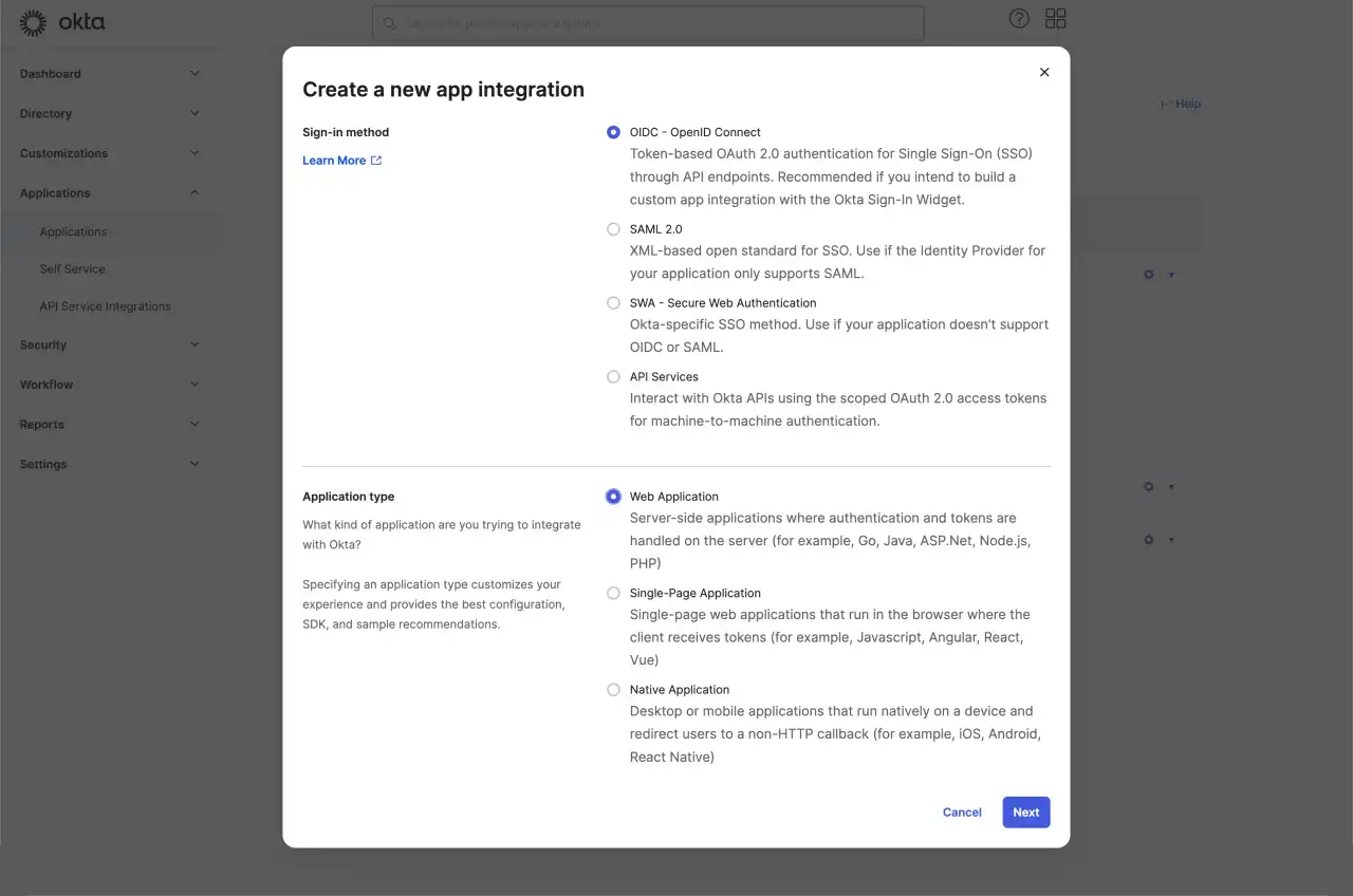 Create Okta application