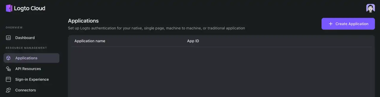 The "Applications" tab of Logto Console