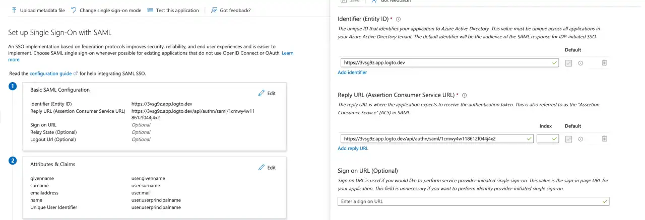 SAML application configuration