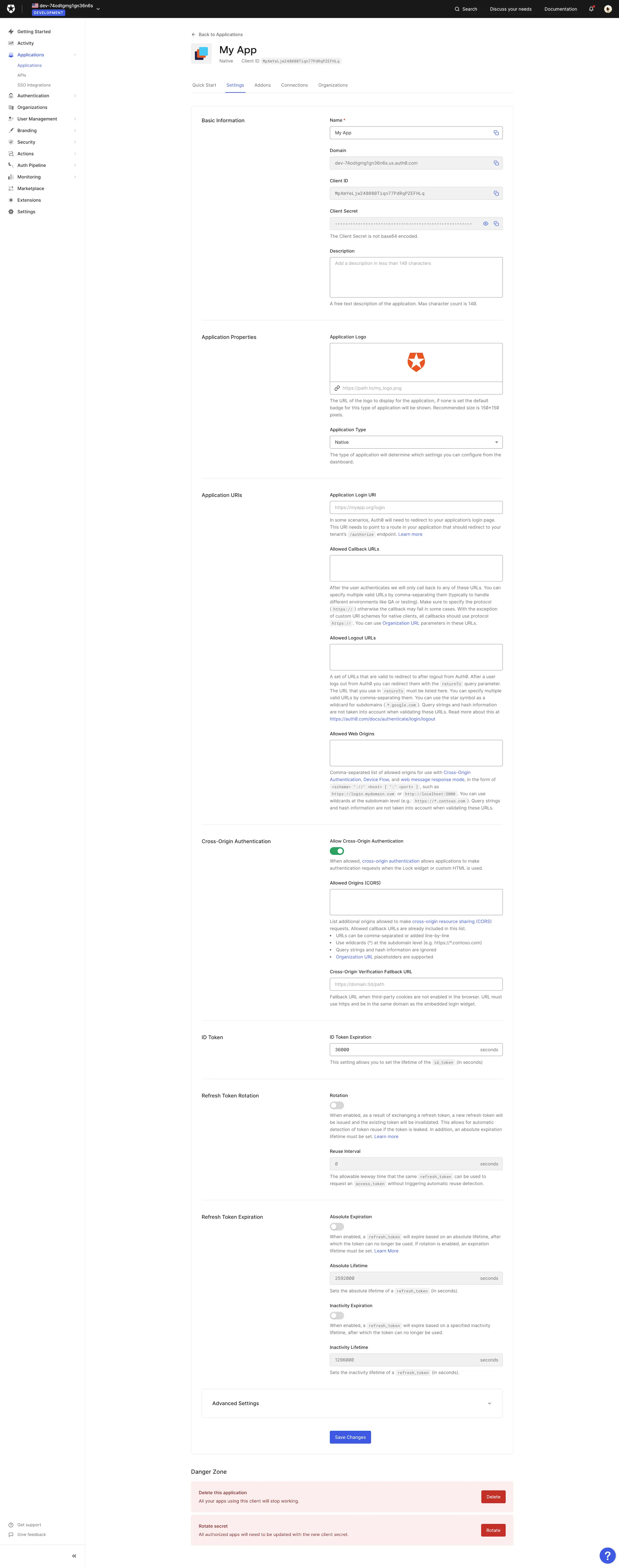 Auth0 application details page