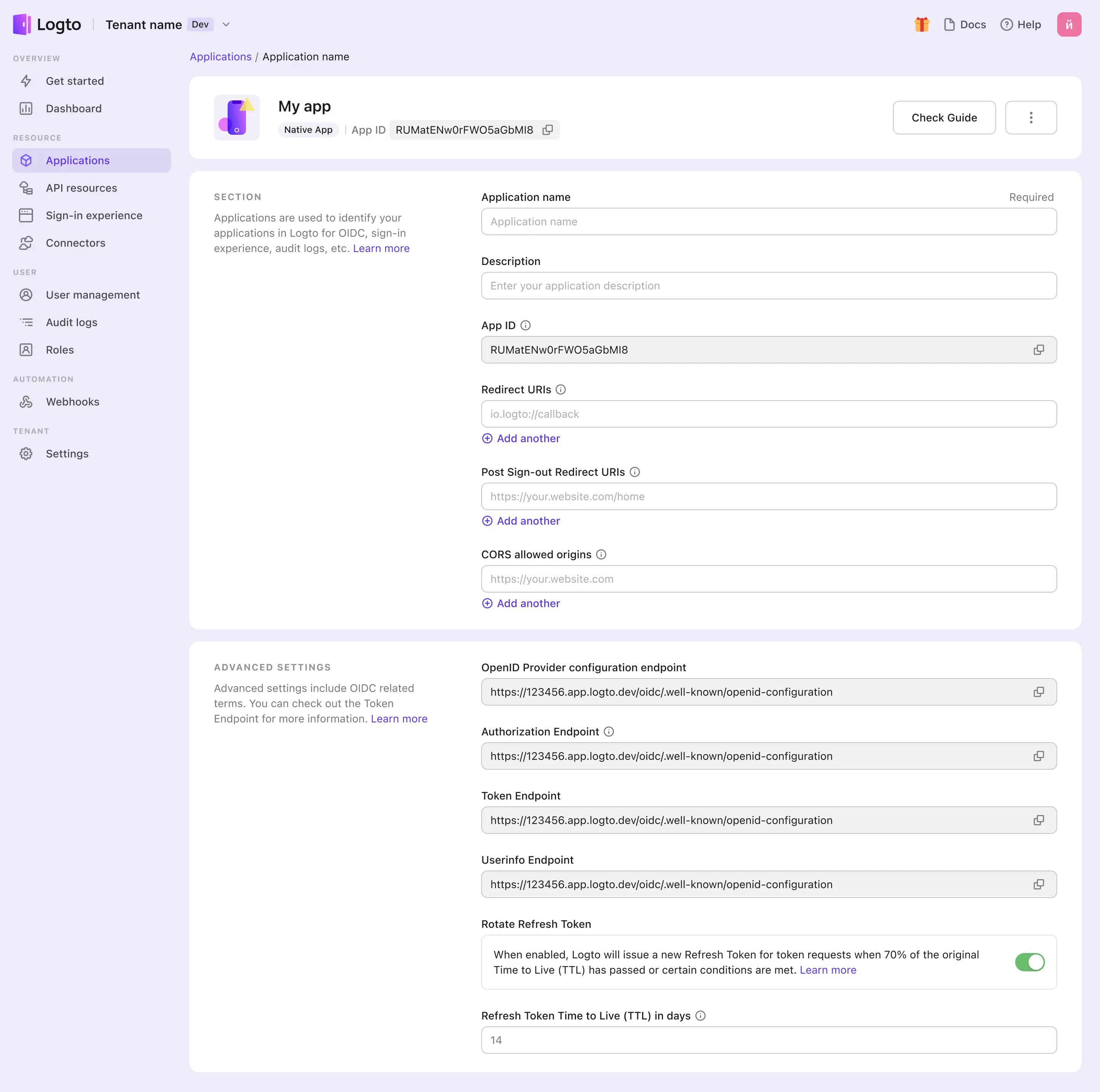 Logto application details page