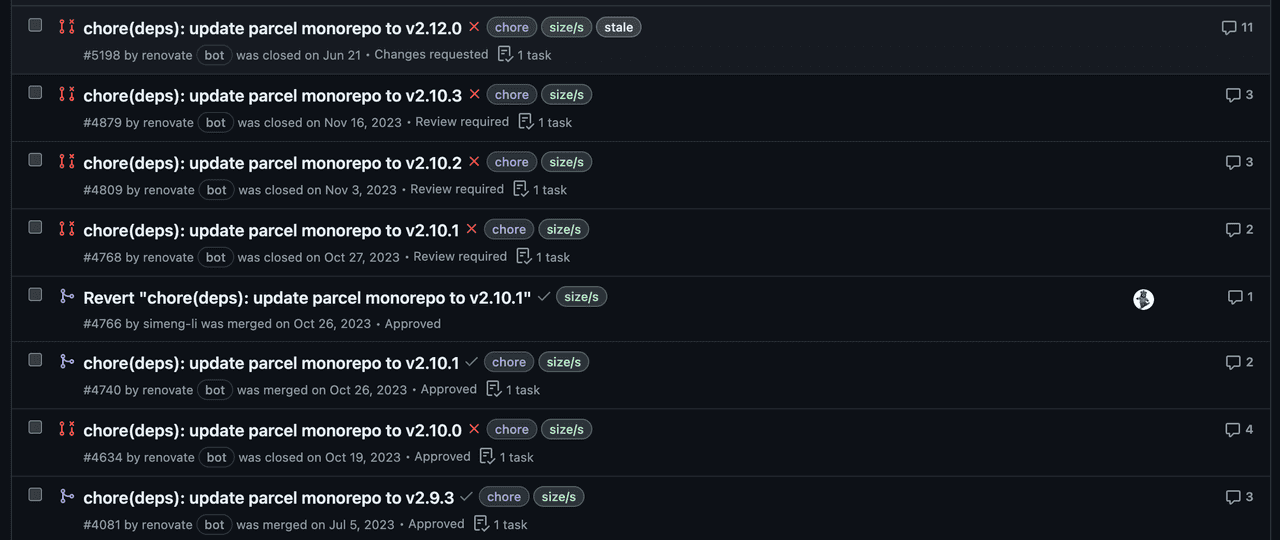 Parcel upgrade pull requests